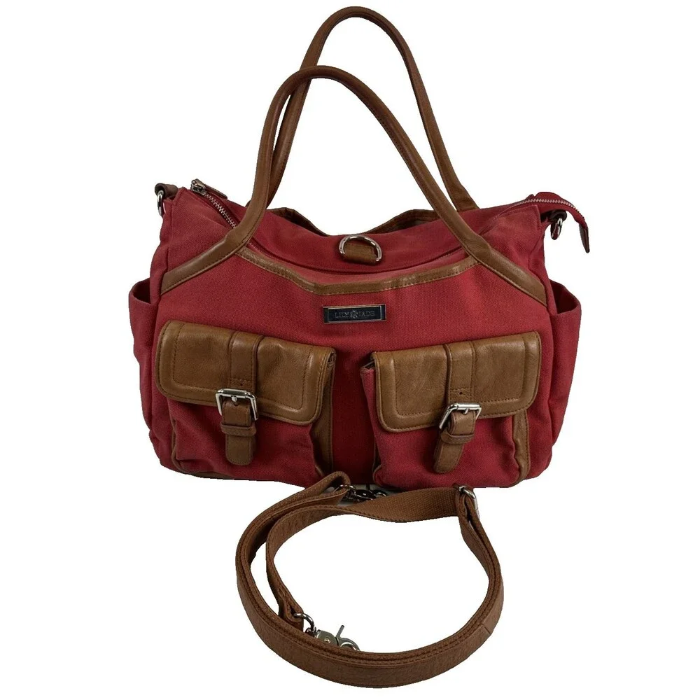 Lily Jade Elizabeth Diaper Bag Red Canvas Brown Leather Convertible Insert Large